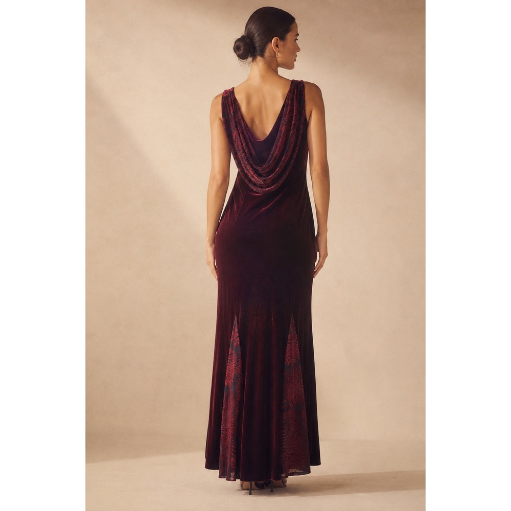 VTG 90s Joseph Ribkoff Velvet Burnout Maxi Dress Burgundy Gothic Dark Romantic